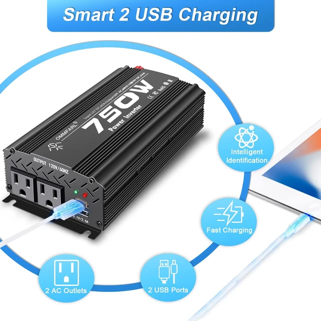Alt view image 3 of 7 - 750W Modified Sine Wave Power Inverter DC 12V to AC 110V, Peak 1500 Watt, Car Plug Inverter Adapter Power Converter with 4.2A Dual USB Charging Ports and 2 AC Outlets Car Charger Black
