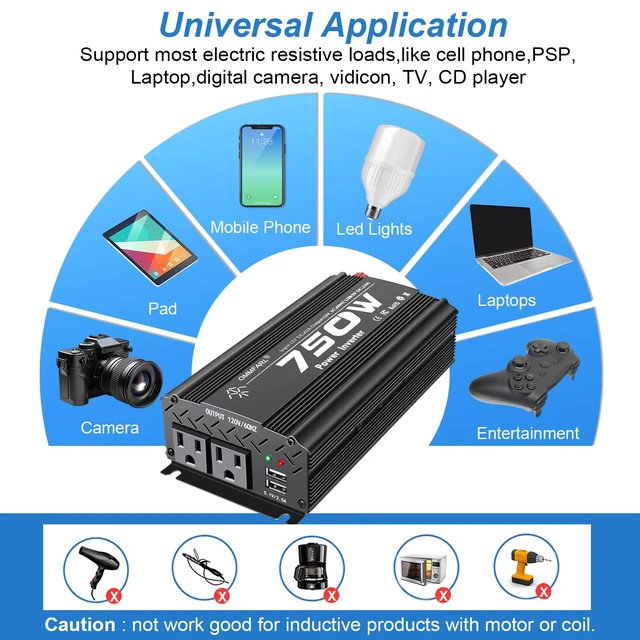 Alt view image 6 of 7 - 750W Modified Sine Wave Power Inverter DC 12V to AC 110V, Peak 1500 Watt, Car Plug Inverter Adapter Power Converter with 4.2A Dual USB Charging Ports and 2 AC Outlets Car Charger Black