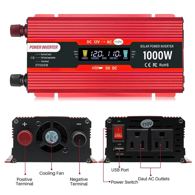 Alt view image 2 of 7 - NAOEDEAH Car Power Inverter 12v to 110v 650W/1000W(Peak) with Dual AC Outlets and 5V USB Charging Port for Vehicles Truck Home