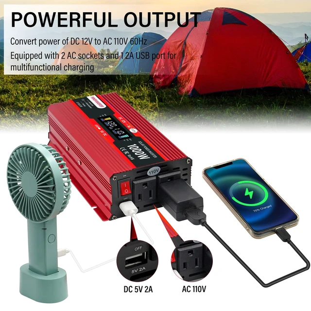 Alt view image 4 of 7 - NAOEDEAH Car Power Inverter 12v to 110v 650W/1000W(Peak) with Dual AC Outlets and 5V USB Charging Port for Vehicles Truck Home