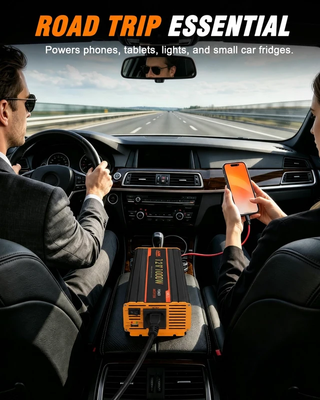 Alt view image 7 of 7 - 1000W Car Power Inverter, 12V DC to 110V/120V AC for Vehicles with USB Port | Modified Sine Wave Converter with Battery Clips, LiFePO4 Optimized AC Outlets for RV Camping, Road Trips, Emergency Backup