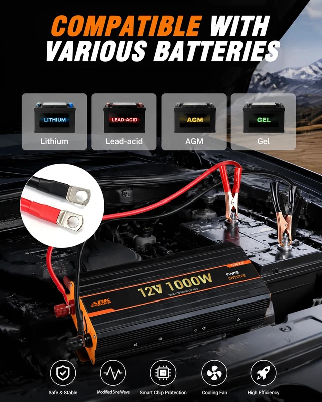 Alt view image 6 of 7 - 1000W Car Power Inverter, 12V DC to 110V/120V AC for Vehicles with USB Port | Modified Sine Wave Converter with Battery Clips, LiFePO4 Optimized AC Outlets for RV Camping, Road Trips, Emergency Backup