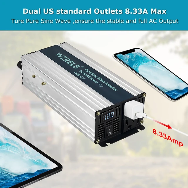 Alt view image 2 of 4 - WZRELB 1000W Pure Sine Wave Inverter 12V DC to 110V 120V AC Power Converter with LED Display, Off-Grid Portable Power Inverter with 2 AC Outlets for Home, RV, Truck, Camping
