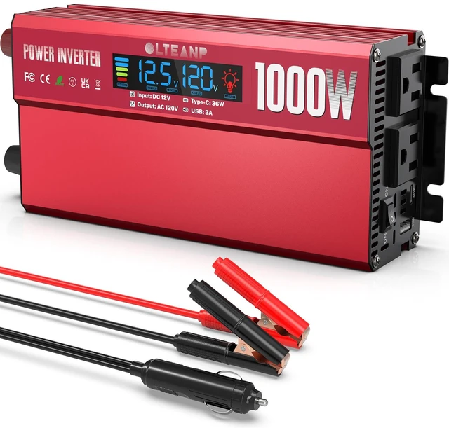Main image of 1000W Power Inverter 12V DC to 110V/120V AC Car Converter for Vehicles | LCD Screen Display, 2 AC Outlets, 36W Type-C Port, 5V/3A USB Port, Car Plug Adapter for Truck, Home, Camping, Laptop, Trip