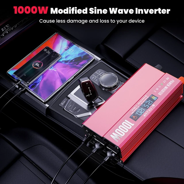 Alt view image 2 of 7 - 1000W Power Inverter 12V DC to 110V/120V AC Car Converter for Vehicles | LCD Screen Display, 2 AC Outlets, 36W Type-C Port, 5V/3A USB Port, Car Plug Adapter for Truck, Home, Camping, Laptop, Trip