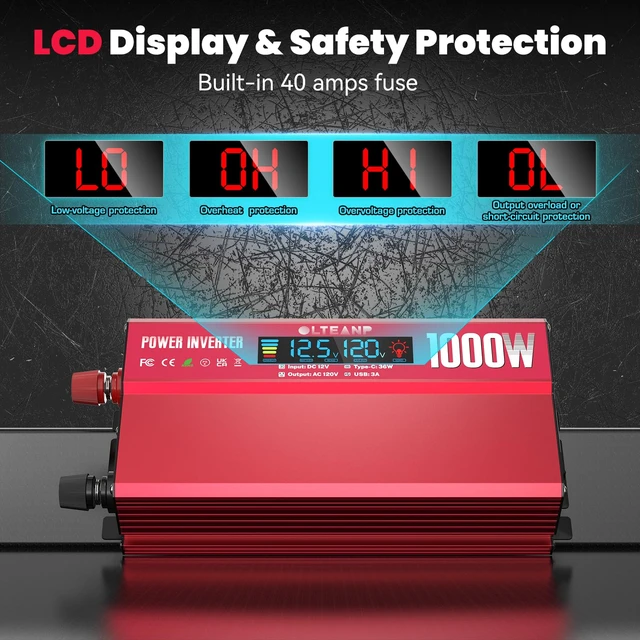 Alt view image 3 of 7 - 1000W Power Inverter 12V DC to 110V/120V AC Car Converter for Vehicles | LCD Screen Display, 2 AC Outlets, 36W Type-C Port, 5V/3A USB Port, Car Plug Adapter for Truck, Home, Camping, Laptop, Trip