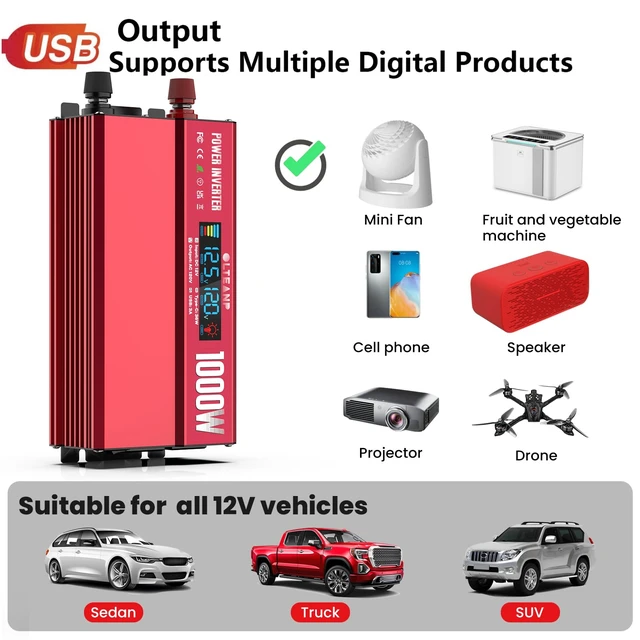 Alt view image 5 of 7 - 1000W Power Inverter 12V DC to 110V/120V AC Car Converter for Vehicles | LCD Screen Display, 2 AC Outlets, 36W Type-C Port, 5V/3A USB Port, Car Plug Adapter for Truck, Home, Camping, Laptop, Trip