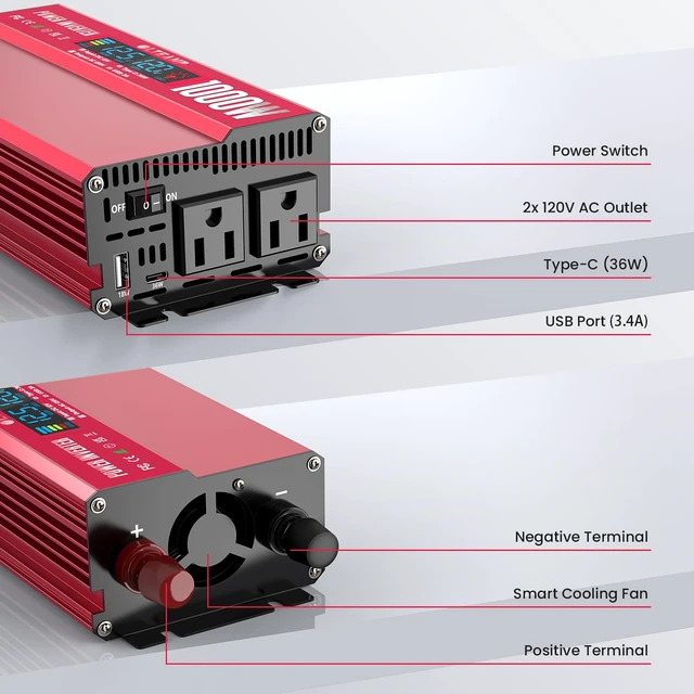 Alt view image 6 of 7 - 1000W Power Inverter 12V DC to 110V/120V AC Car Converter for Vehicles | LCD Screen Display, 2 AC Outlets, 36W Type-C Port, 5V/3A USB Port, Car Plug Adapter for Truck, Home, Camping, Laptop, Trip
