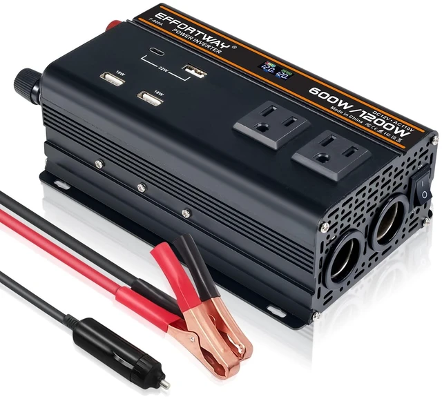 Main image of EFFORTWAY 600 watt Power Inverter for Vehicles 12V to 110V/120V Converter 1200 watt Peak with 2 AC Out, 3 USB, Type-C Charger, and Cigarette Lighter Ports for Smartphones Laptops Tablets