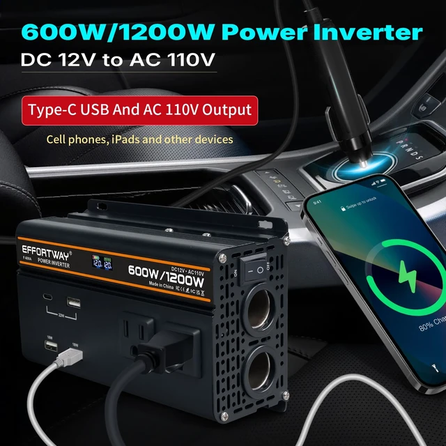 Alt view image 2 of 7 - EFFORTWAY 600 watt Power Inverter for Vehicles 12V to 110V/120V Converter 1200 watt Peak with 2 AC Out, 3 USB, Type-C Charger, and Cigarette Lighter Ports for Smartphones Laptops Tablets