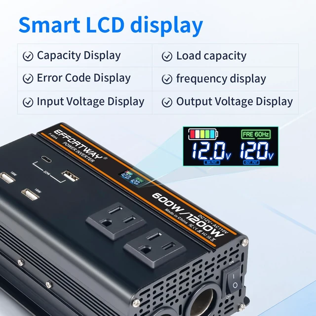 Alt view image 4 of 7 - EFFORTWAY 600 watt Power Inverter for Vehicles 12V to 110V/120V Converter 1200 watt Peak with 2 AC Out, 3 USB, Type-C Charger, and Cigarette Lighter Ports for Smartphones Laptops Tablets