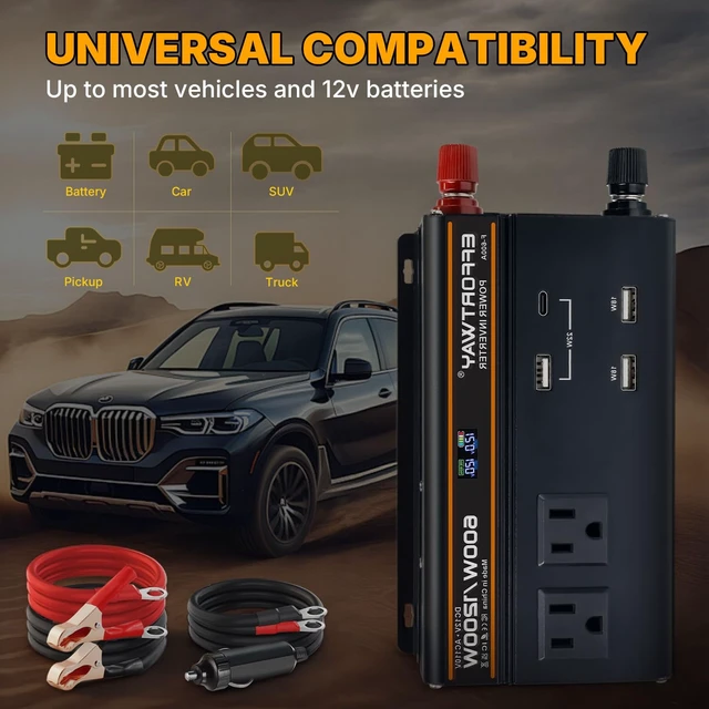 Alt view image 6 of 7 - EFFORTWAY 600 watt Power Inverter for Vehicles 12V to 110V/120V Converter 1200 watt Peak with 2 AC Out, 3 USB, Type-C Charger, and Cigarette Lighter Ports for Smartphones Laptops Tablets
