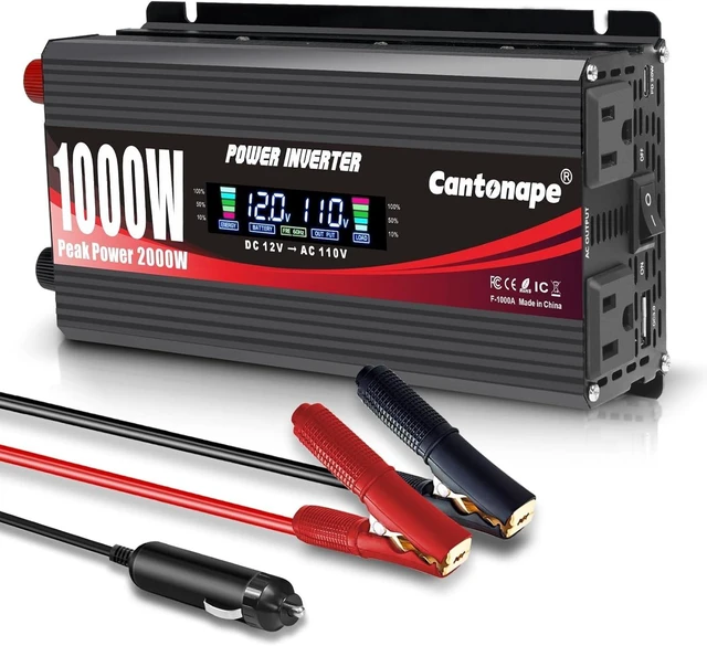 Main image of Cantonape 1000 Watt Power Inverter DC 12V to 110V/120V AC Car Inverter | with LCD Display, 2 AC Outlets, 3.0A USB and 20W Type-C Car Charger for Vehicles Home Laptop Truck