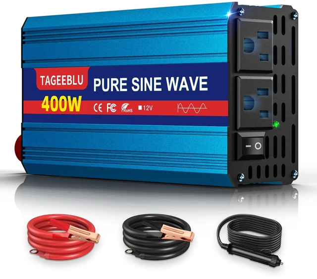 Main image of 400 Watt Inverter Pure Sine Wave12V DC to 110V 120V AC for Vehicles Home | Portable Power Inverter with Cigarette Lighter, Battery clip Cables, 2 AC Outlets, LCD Display, Car Plug Adapter for Laptop