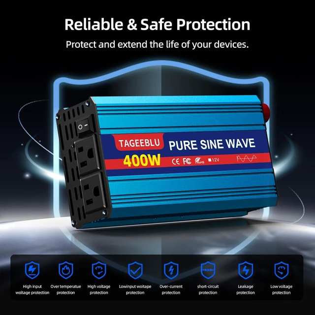 Alt view image 6 of 7 - 400 Watt Inverter Pure Sine Wave12V DC to 110V 120V AC for Vehicles Home | Portable Power Inverter with Cigarette Lighter, Battery clip Cables, 2 AC Outlets, LCD Display, Car Plug Adapter for Laptop