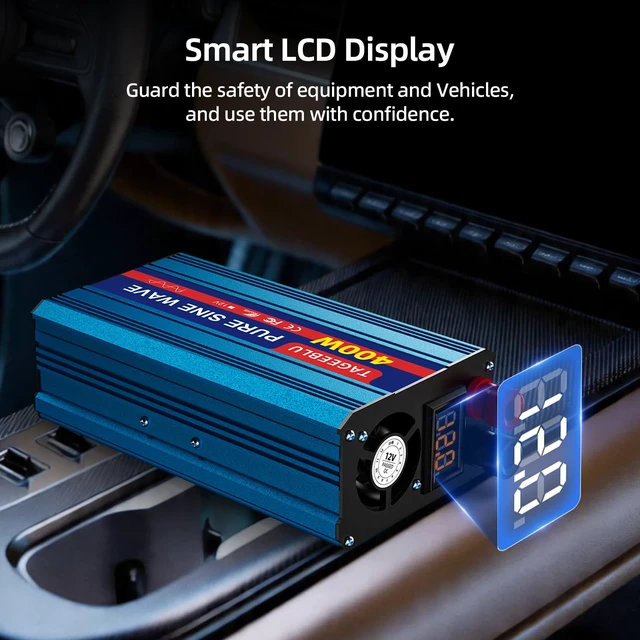 Alt view image 7 of 7 - 400 Watt Inverter Pure Sine Wave12V DC to 110V 120V AC for Vehicles Home | Portable Power Inverter with Cigarette Lighter, Battery clip Cables, 2 AC Outlets, LCD Display, Car Plug Adapter for Laptop