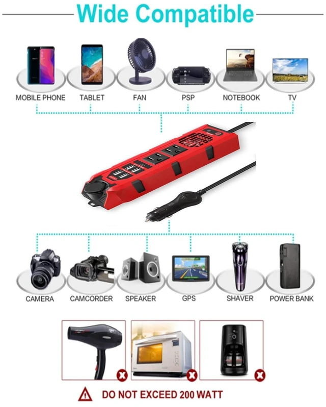 Alt view image 2 of 7 - 200W Car Power Inverter DC 12V to 110V AC Converter with Dual AC Outlets, 4 Quick Charger 2.4A USB Ports and 1 Type C Port Cigarette Lighter Socket Charger Adapter