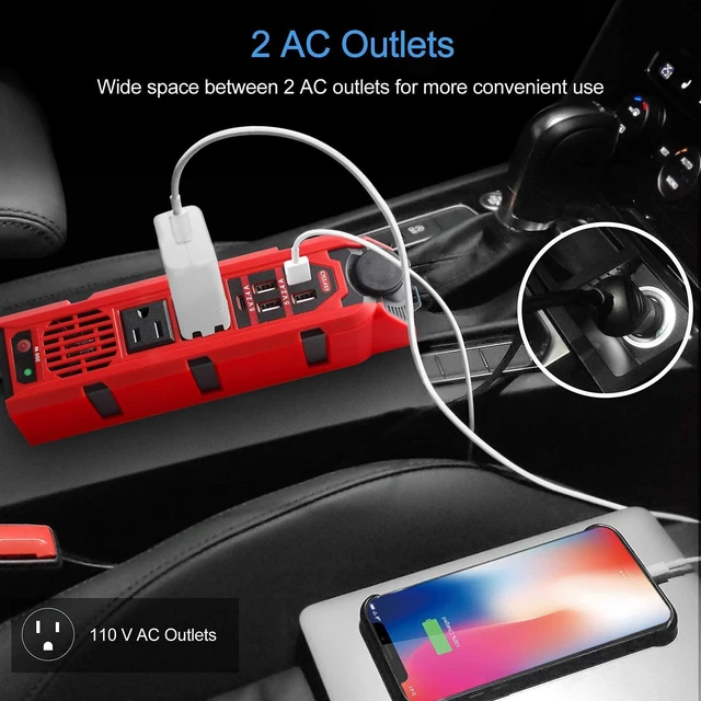 Alt view image 3 of 7 - 200W Car Power Inverter DC 12V to 110V AC Converter with Dual AC Outlets, 4 Quick Charger 2.4A USB Ports and 1 Type C Port Cigarette Lighter Socket Charger Adapter