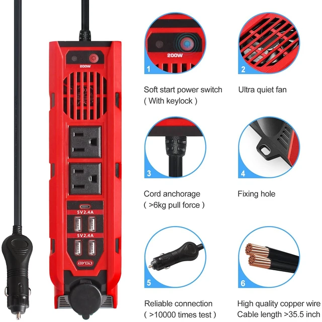 Alt view image 4 of 7 - 200W Car Power Inverter DC 12V to 110V AC Converter with Dual AC Outlets, 4 Quick Charger 2.4A USB Ports and 1 Type C Port Cigarette Lighter Socket Charger Adapter