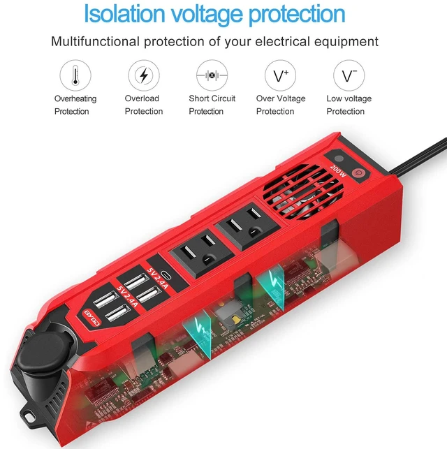 Alt view image 5 of 7 - 200W Car Power Inverter DC 12V to 110V AC Converter with Dual AC Outlets, 4 Quick Charger 2.4A USB Ports and 1 Type C Port Cigarette Lighter Socket Charger Adapter