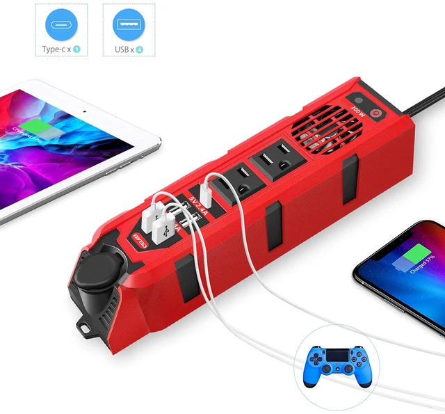 Alt view image 7 of 7 - 200W Car Power Inverter DC 12V to 110V AC Converter with Dual AC Outlets, 4 Quick Charger 2.4A USB Ports and 1 Type C Port Cigarette Lighter Socket Charger Adapter