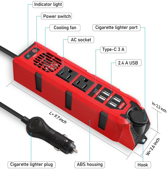 Alt view image 6 of 7 - 200W Car Power Inverter DC 12V to 110V AC Converter with Dual AC Outlets, 4 Quick Charger 2.4A USB Ports and 1 Type C Port Cigarette Lighter Socket Charger Adapter