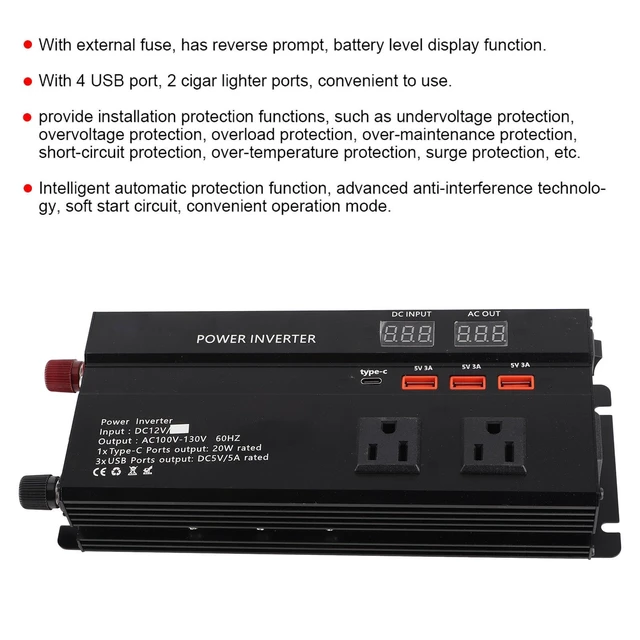 Alt view image 4 of 7 - 12V Car Power Inverter, 4000W Max 700W Rated DC to AC Converter with LCD Display, Type-C Port, 3 USB Ports, External Fuse and Battery Cables