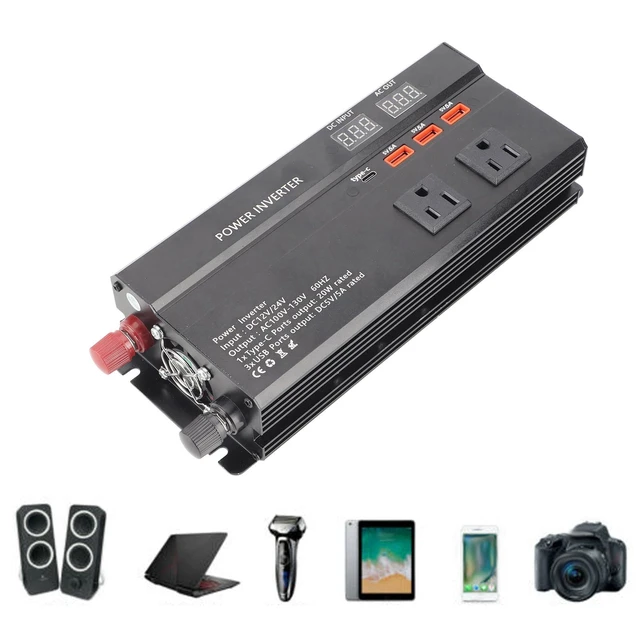 Alt view image 5 of 7 - 12V Car Power Inverter, 4000W Max 700W Rated DC to AC Converter with LCD Display, Type-C Port, 3 USB Ports, External Fuse and Battery Cables