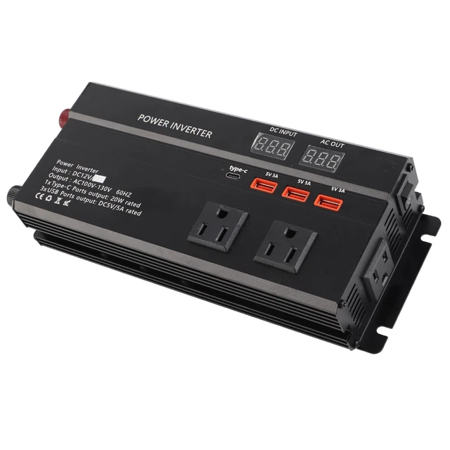 Alt view image 7 of 7 - 12V Car Power Inverter, 4000W Max 700W Rated DC to AC Converter with LCD Display, Type-C Port, 3 USB Ports, External Fuse and Battery Cables