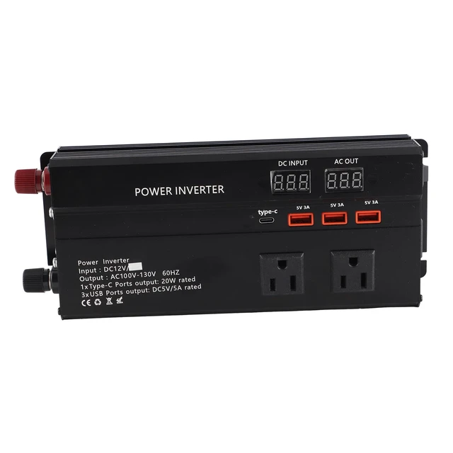 Alt view image 6 of 7 - 12V Car Power Inverter, 4000W Max 700W Rated DC to AC Converter with LCD Display, Type-C Port, 3 USB Ports, External Fuse and Battery Cables