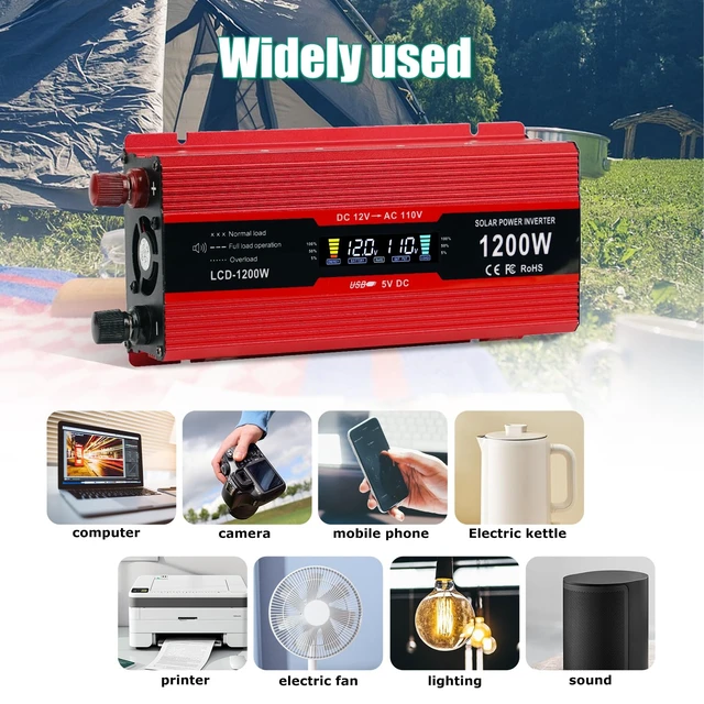 Alt view image 3 of 7 - nomal Car Power Inverter 1200W , DC 12v to 110v AC Converter with LCD Display and AC Outlets 12 Volt Inverter for Truck RV Car