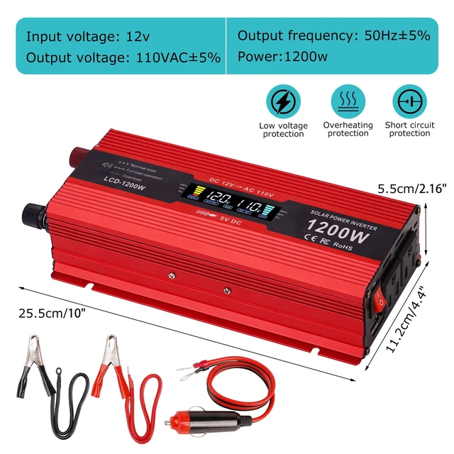 Alt view image 2 of 7 - nomal Car Power Inverter 1200W , DC 12v to 110v AC Converter with LCD Display and AC Outlets 12 Volt Inverter for Truck RV Car