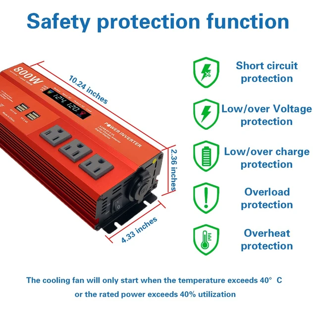 Alt view image 3 of 6 - MOVFFGGRM 800W Peak 1600W Power inverters for Vehicles,Peak 1600 watt, Car 12V DC to 110V AC Converter 4x2.4A USB Ports Car Charger with 1 Cigarette Lighter Ports,LCD Digital Display