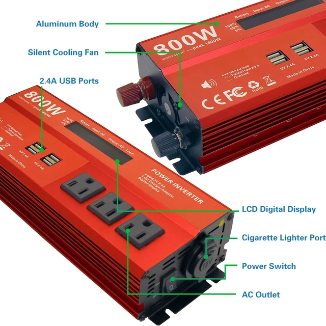 Alt view image 5 of 6 - MOVFFGGRM 800W Peak 1600W Power inverters for Vehicles,Peak 1600 watt, Car 12V DC to 110V AC Converter 4x2.4A USB Ports Car Charger with 1 Cigarette Lighter Ports,LCD Digital Display