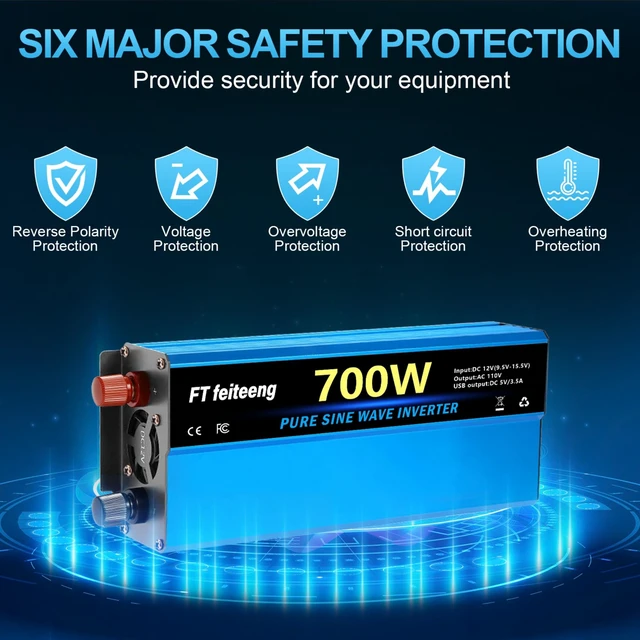 Alt view image 3 of 7 - FT feiteeng 700W Pure Sine Wave Inverter 12V DC to 120V AC Power Inverter | with LED Display, Dual AC Socket, 5V 3.4A USB, for Car Truck RV Home Camping