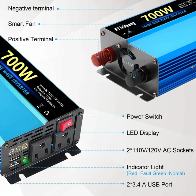 Alt view image 6 of 7 - FT feiteeng 700W Pure Sine Wave Inverter 12V DC to 120V AC Power Inverter | with LED Display, Dual AC Socket, 5V 3.4A USB, for Car Truck RV Home Camping