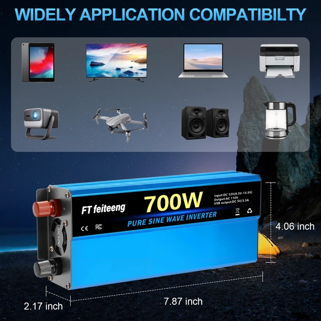 Alt view image 4 of 7 - FT feiteeng 700W Pure Sine Wave Inverter 12V DC to 120V AC Power Inverter | with LED Display, Dual AC Socket, 5V 3.4A USB, for Car Truck RV Home Camping