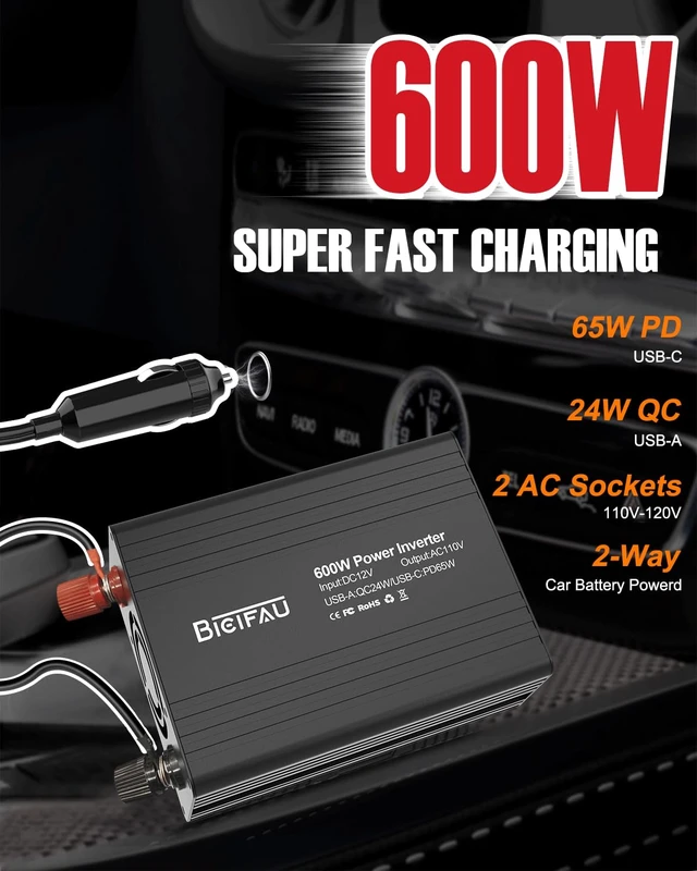 Alt view image 3 of 7 - 600W Car Power Inverter 12V to 110V 65W USB-C Dual Outlets | 65w Fast Charging