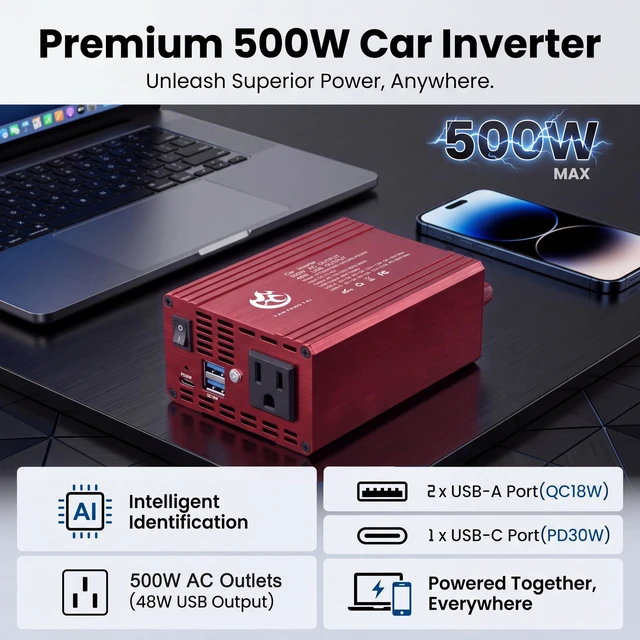 Alt view image 2 of 4 - 500W Power Inverter for Vehicles, 12V to 110V Inverter for Camping & Travel | Compact Car Power Converter, PD 30W USB-C & Dual QC 18W USB-A Ports, for Laptops, Phones, Tablets, Camping & Emergencies