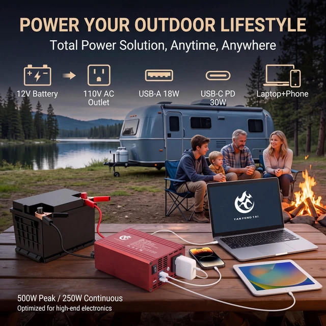 Alt view image 4 of 4 - 500W Power Inverter for Vehicles, 12V to 110V Inverter for Camping & Travel | Compact Car Power Converter, PD 30W USB-C & Dual QC 18W USB-A Ports, for Laptops, Phones, Tablets, Camping & Emergencies