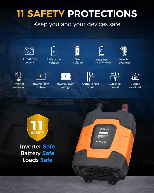 Alt view image 2 of 6 - Ampeak 400W Power Inverter, 12V DC to 110V AC, 11 Protections | 800W Surge Peak, 2 AC Outlets, Dual USB 4.8A, Quiet Fan, for Car Truck Laptop Phone