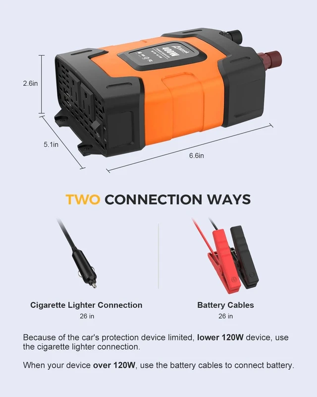 Alt view image 6 of 6 - Ampeak 400W Power Inverter, 12V DC to 110V AC, 11 Protections | 800W Surge Peak, 2 AC Outlets, Dual USB 4.8A, Quiet Fan, for Car Truck Laptop Phone