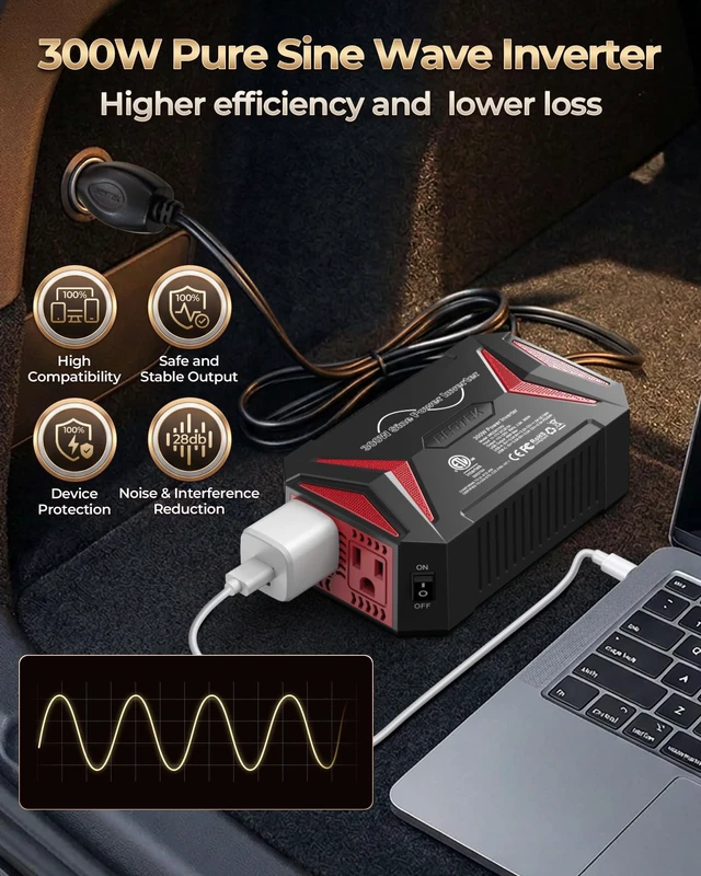 Alt view image 2 of 7 - BESTEK 300W Pure Sine Wave Power Inverter - DC 12V to 110V AC Car Converter Plug Adapter Outlet with PD30W USB-C Fast Charger, Vehicle Cigarette Lighter Adapter for Laptop