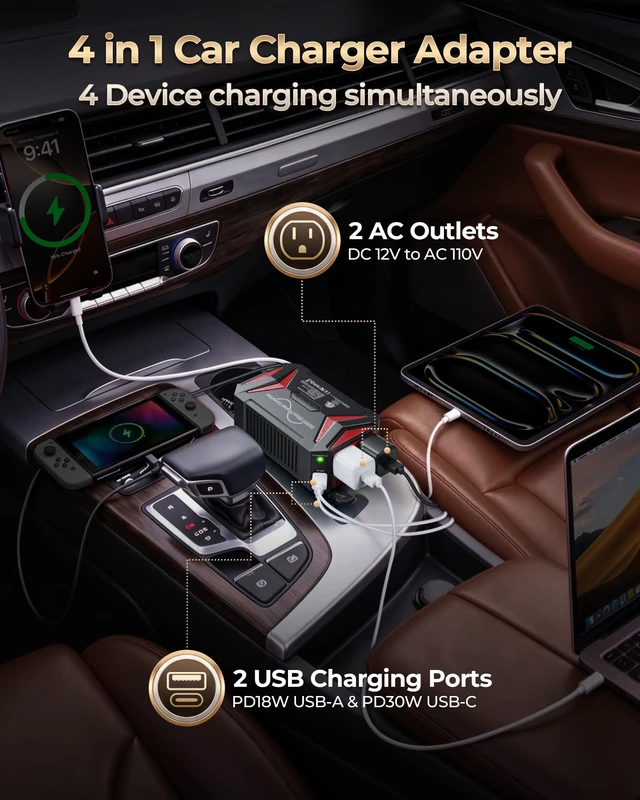 Alt view image 3 of 7 - BESTEK 300W Pure Sine Wave Power Inverter - DC 12V to 110V AC Car Converter Plug Adapter Outlet with PD30W USB-C Fast Charger, Vehicle Cigarette Lighter Adapter for Laptop