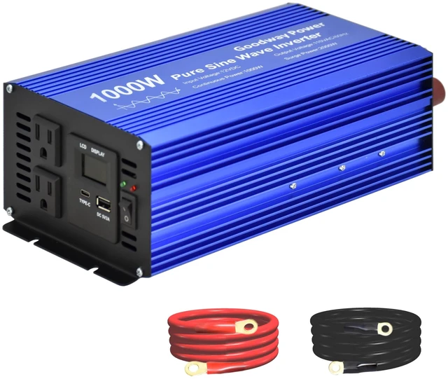 Main image of Goodway Power Pure Sine Wave Inverter DC12V to AC110V 60Hz with Dual sockets Output 1000W Rated, 2000W Surge Power Output with USB DC5V 2.1Amp, Type C 18W Max Output and LCD dipslay (1000W)