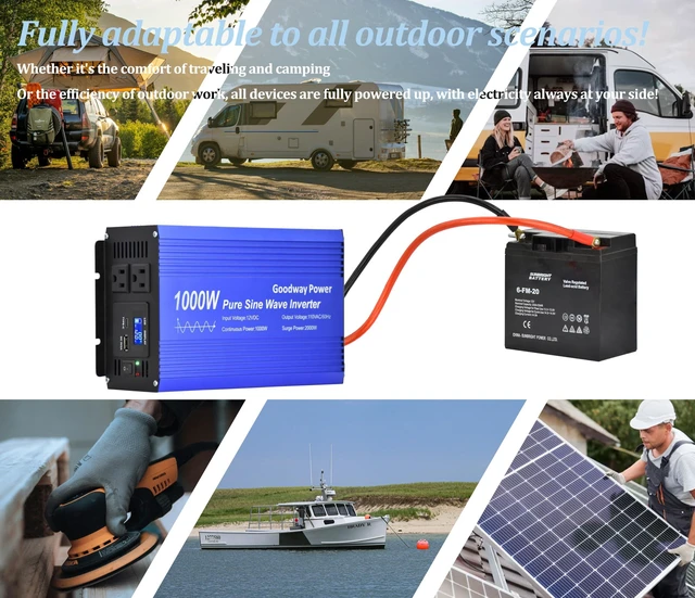 Alt view image 7 of 7 - Goodway Power Pure Sine Wave Inverter DC12V to AC110V 60Hz with Dual sockets Output 1000W Rated, 2000W Surge Power Output with USB DC5V 2.1Amp, Type C 18W Max Output and LCD dipslay (1000W)