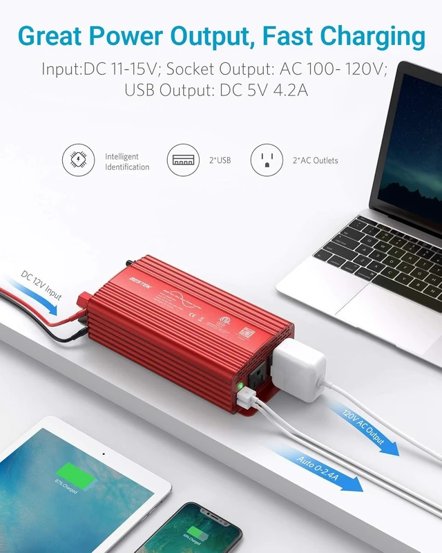 Alt view image 3 of 7 - BESTEK Pure Sine Wave 500W Power Inverter 12V DC to 110V AC Car Adapter | 12V Car Plug Converter with 2 AC Outlets, 4.2A Dual USB Charging Ports, Ideal for Phone/Laptop/Camping/Road Trip, ETL Listed