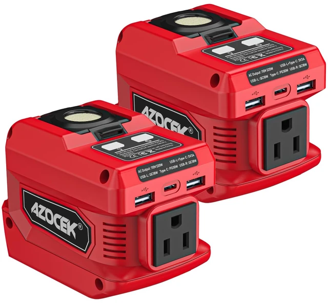 Main image of 220W Azocek Power Inverter Compatible with Milwau-kee 18V Battery | 2-PACK, DC 18V to AC 110V Portable Power Station with 1 AC Outlet, 2 USB Ports & 1 Type-C Fast Charging, 400LM LED Work Light