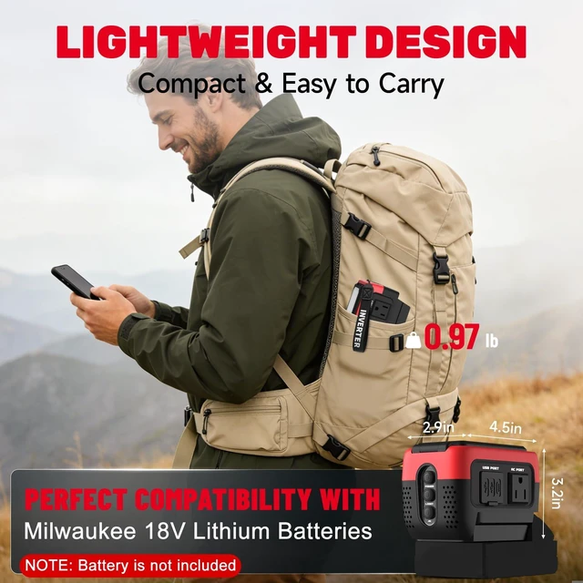 Alt view image 4 of 7 - 240W Power Inverter Pure Sine Wave Compatible with Milwaukee 18V Battery | No Battery, 7A Fast Charger, 120V AC Outlets, USB-C 140W, 2 QC USB Ports 18W, 600LM LED, Portable Power Station