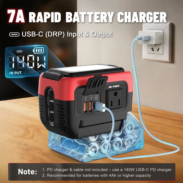 Alt view image 7 of 7 - 240W Power Inverter Pure Sine Wave Compatible with Milwaukee 18V Battery | No Battery, 7A Fast Charger, 120V AC Outlets, USB-C 140W, 2 QC USB Ports 18W, 600LM LED, Portable Power Station